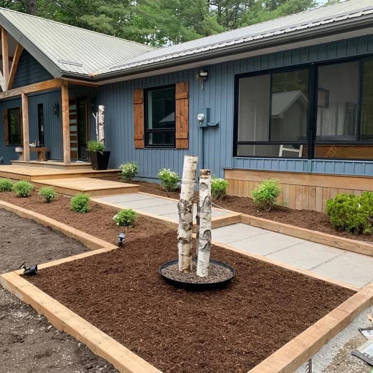 Residential landscaping with tiered mulch beds, paver walkway, and curb appeal landscaping
