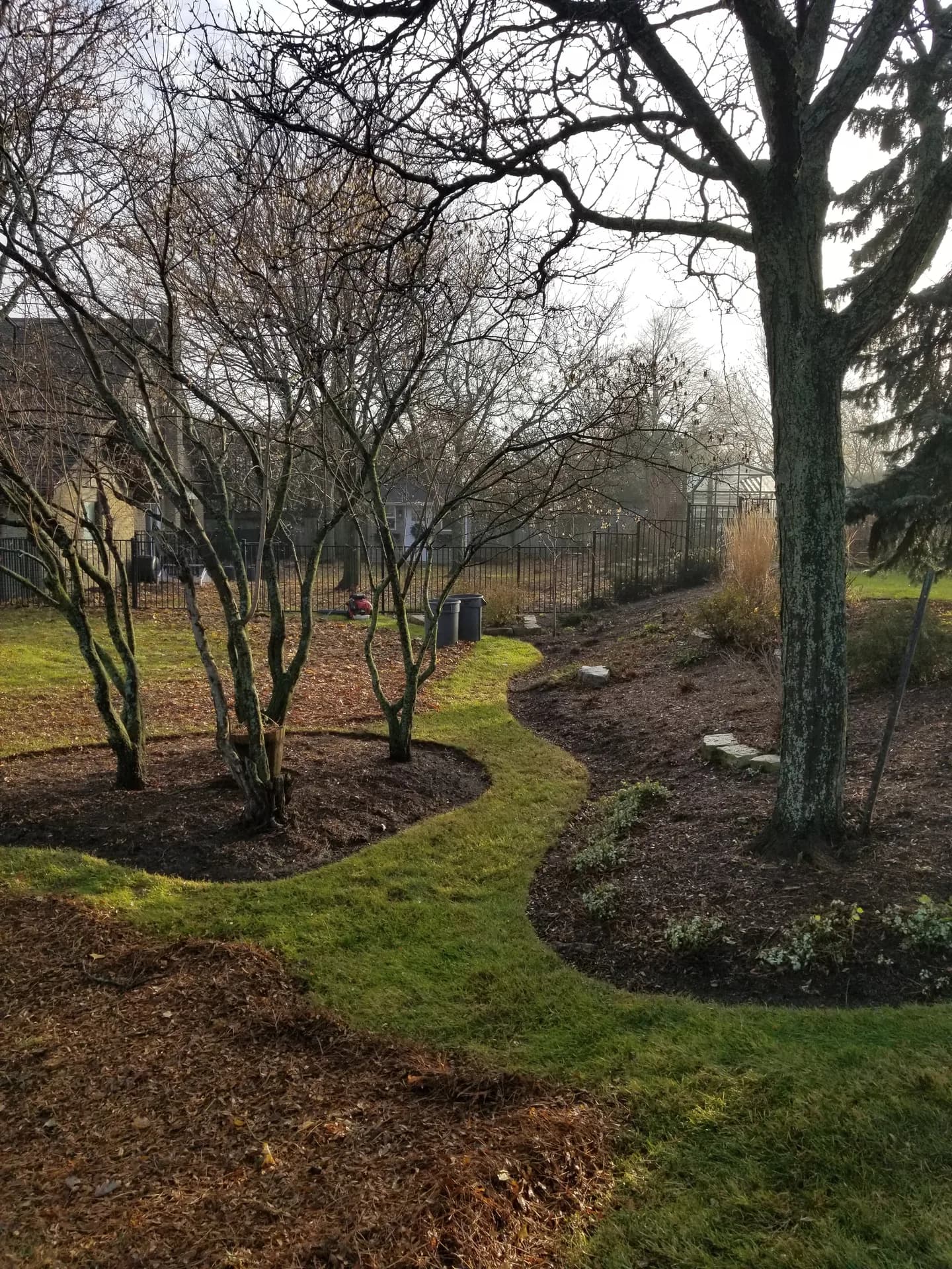 Before fall yard clean up in Hamilton with mulched garden beds, a winding grass path, fallen leaves on the lawn, and yard waste bins